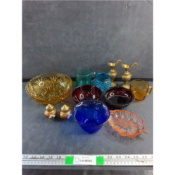 Various Glass Bowls, Brass Pitcher Decorations, Salt & Pepper Shakers and Mugs