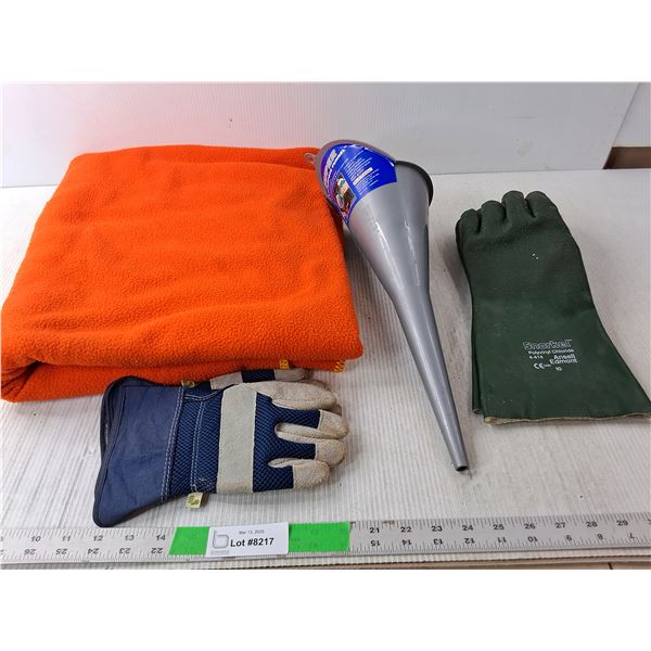 Funnel 17.5" Long, (2) Work Gloves- 10 & Unknown, Fleece Blanket