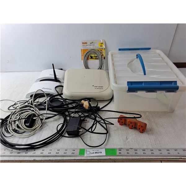 USB Cable, (2) Hawking Wireless Range Extenders, Plastic Storage Tote, Misc.