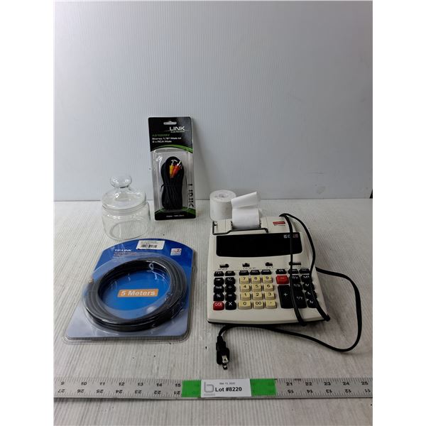 Staples Printing Calculator- Powers On, Antenna Extension Cable, Male to RCA Cable, Glass Jar