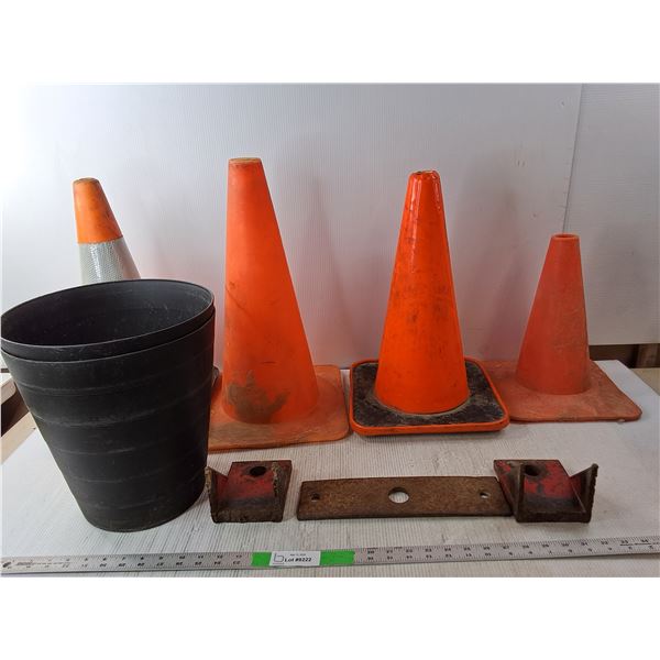 (4) Traffic Cones Up to 20" Tall, (2) Garbage Bins, Metal Plates