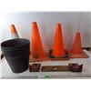 Image 1 : (4) Traffic Cones Up to 20" Tall, (2) Garbage Bins, Metal Plates