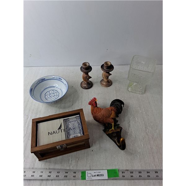 (2) Candleholders, Storage Box with Playing Cards, Rooster Coat Hanger, Misc.