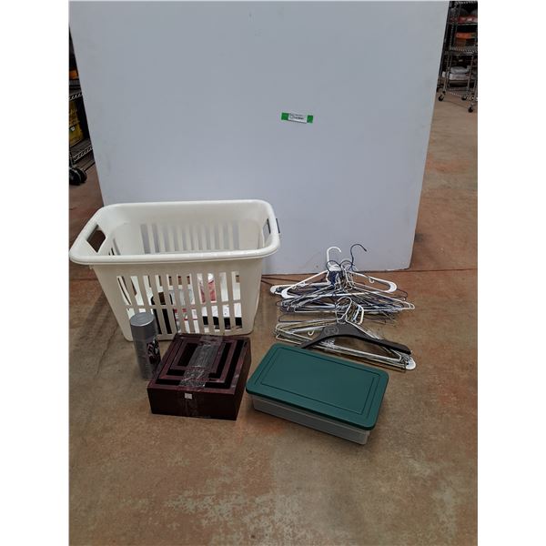 Laundry Basket, Hangers, Wooden Square Shelves, Plastic Container and Misc