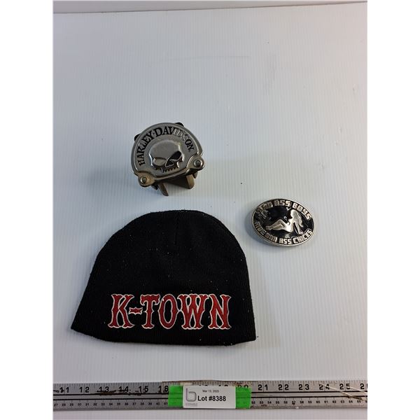 K Town Hat, Harley Davidson Hitch Cover and Men's Belt Buckle