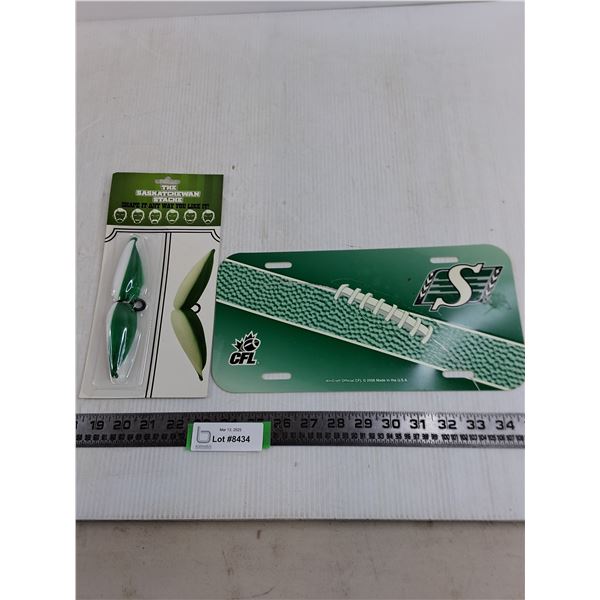 Saskatchewan Roughriders Stache (NIB) & License Plate
