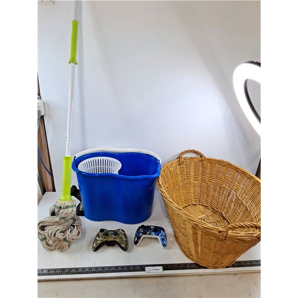 * Wicker Laundry Basket, Euro Mop Pail with Mop, XBox & PowerA Video Game Controllers