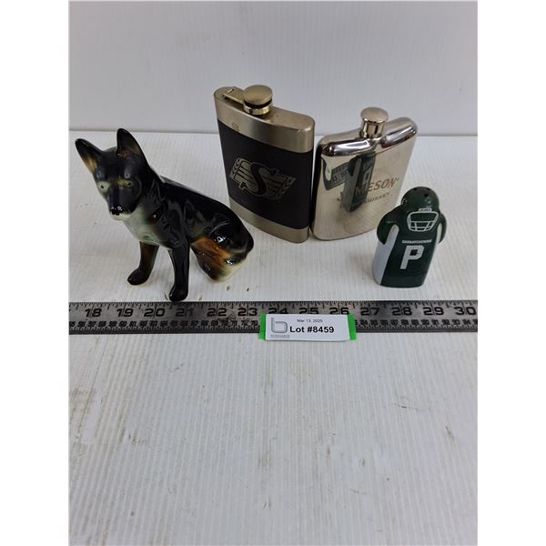 (2) Flasks (Saskatchewan Roughriders & Jameson Irish Whiskey), Ceramic Ornamental Dog, Sask Roughrid