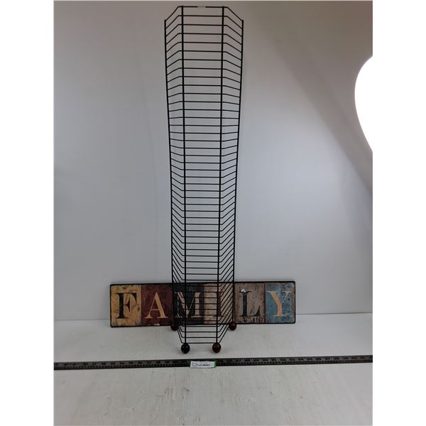 Vintage Look Wall Art "Family" 24.5" x 6" & 48 Slot Metal Digital Media Rack 36" High