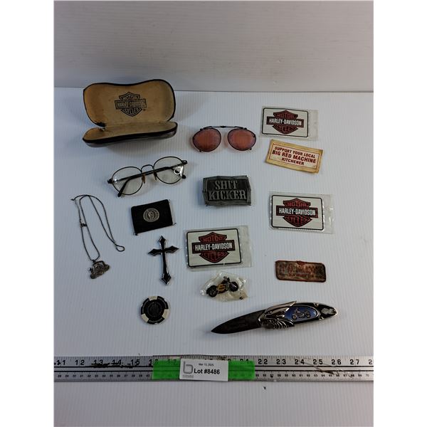 Harley Davidson Folding Knife, Shirt Pin, Stickers, Patches, Necklace and Misc