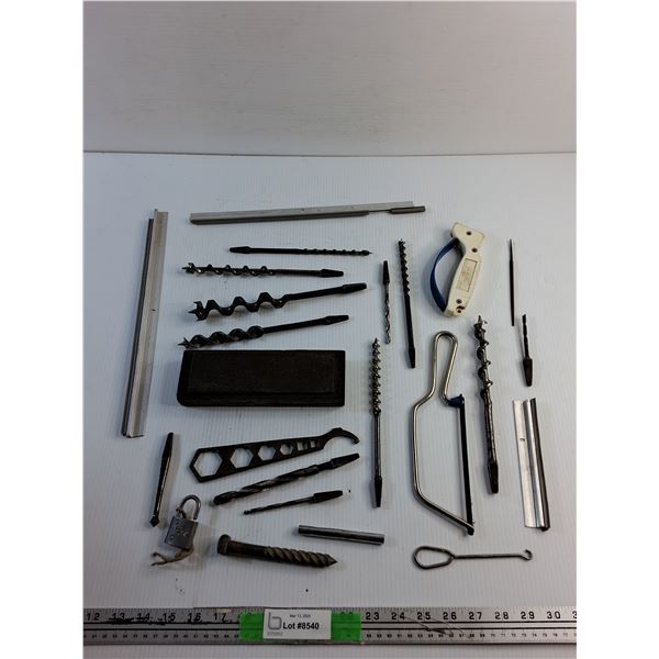Various Drill Bits, Wrenches, Sharpening Stone, Miniature Saw and Misc