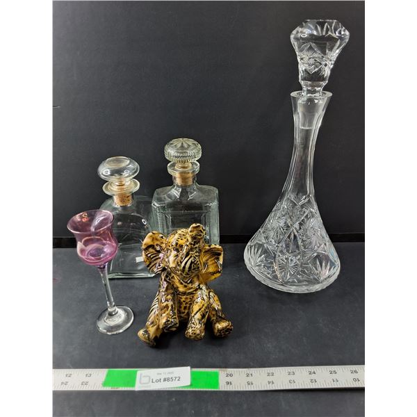 (3) Glass Decanters Up to 15" Tall, Elephant Figurine, Wine Glass