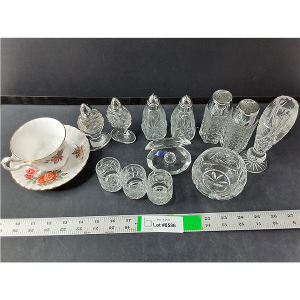 Glass Lot- (3) Sets of Salt & Pepper Shakers, Shot Glasses, Bone China teacup & Plate, Misc.