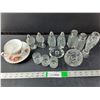 Image 1 : Glass Lot- (3) Sets of Salt & Pepper Shakers, Shot Glasses, Bone China teacup & Plate, Misc.