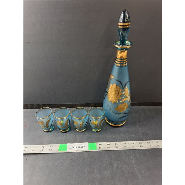 Blue Decanter 14.5"  Tall & (4) Glasses