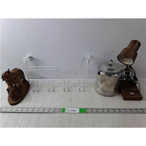 Wood Elephant Figurine 6.5" Tall, Desk Lamp- As Is, Vintage Coffeemaker, Over the Door Hanger