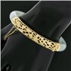 Image 9 : Vintage 18k Gold GIA Arc Shape Green & White Jade w/ Open Work Bangle Bracelet