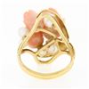Image 7 : Vintage 14K Gold Carved Angel Skin Coral Pearl Rose Flower Bouquet Cocktail Ring