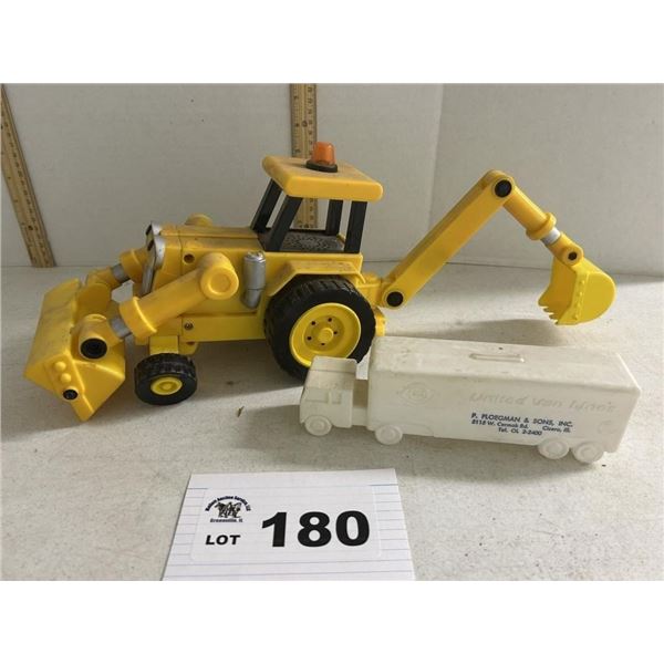 TALKING BACKHOE AND ADVERTISING PLASTIC TRUCK