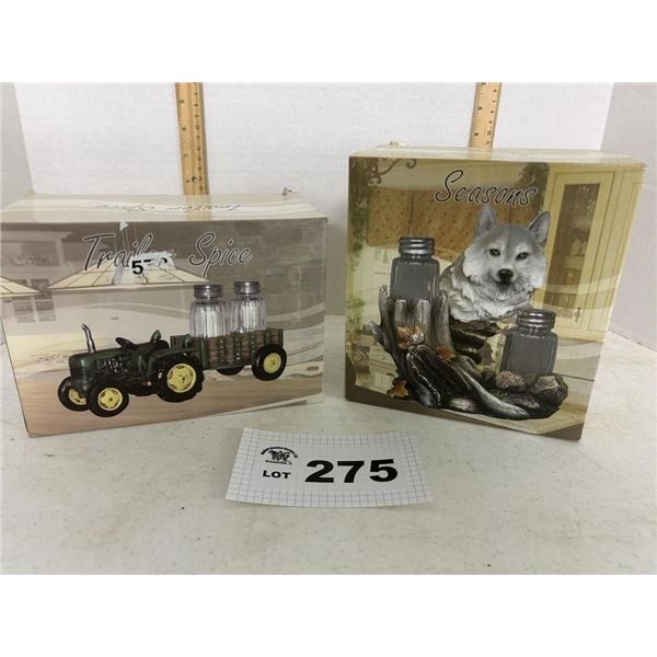 TRACTOR AND WOLF SALT AND PEPPER SETS