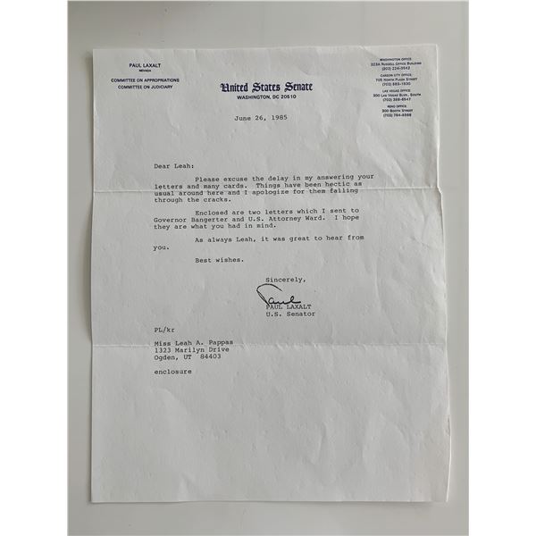 Paul Laxalt Signed Letter