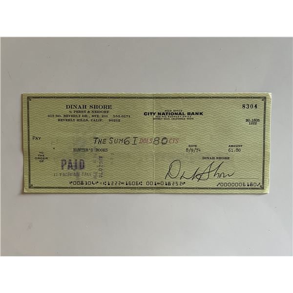 Dinah Shore signed check