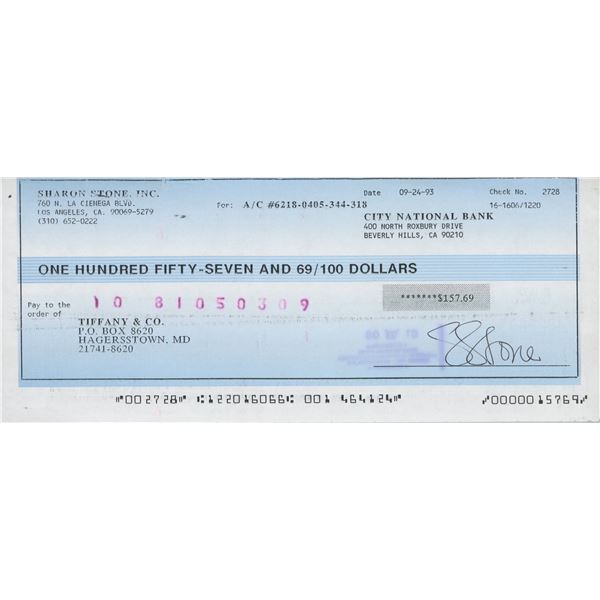 Sharon Stone signed check