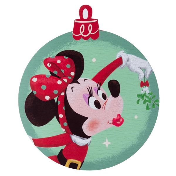A Minnie Mouse Double-Sided Christmas Ornament Sign.