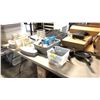 Image 1 : CAST IRON PANS, METAL PANS, SERVING DISHES, PLASTIC SERVING BINS, BIN OF MISC ITEMS