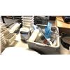 Image 2 : CAST IRON PANS, METAL PANS, SERVING DISHES, PLASTIC SERVING BINS, BIN OF MISC ITEMS