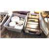 Image 2 : 4 BINS OF DISHES, UTENSILS, VINEGAR BOTTLES AND COOKING SUPPLIES
