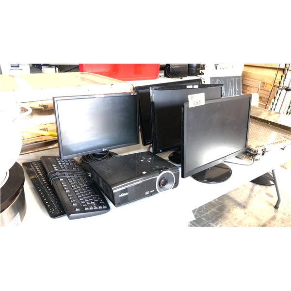4 COMPUTER MONITORS BY LG, SAMSUNG AND ASUS, A VIVITEK HDMI PROJECTOR, 2 KEYBOARDS