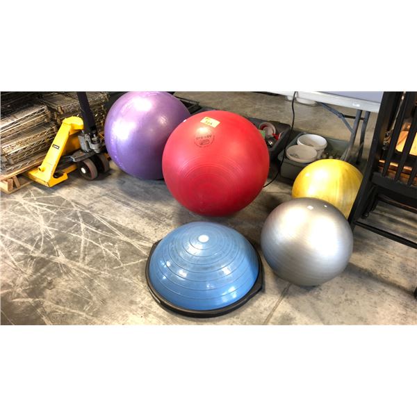 SET OF 4 EXERCISE/YOGA BALLS AND A BOSU BALANCE TRAINER