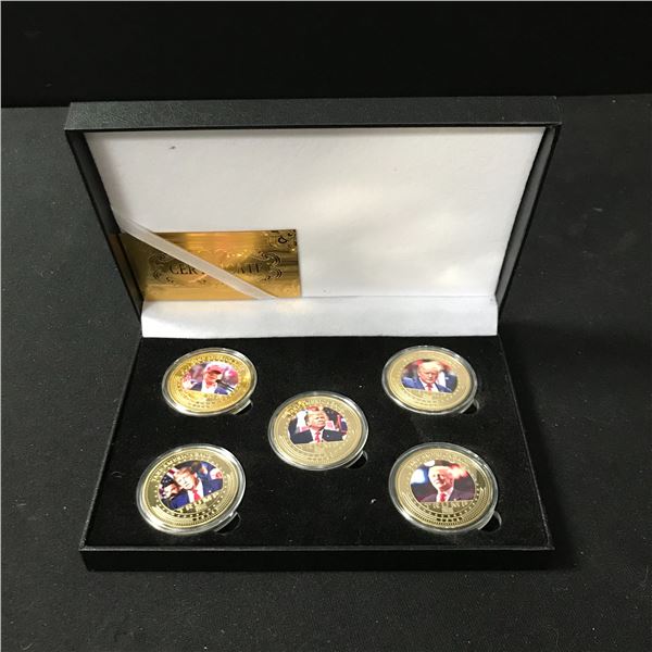 LOT OF 5 DONALD TRUMP COLLECTIBLE COINS AND BOX