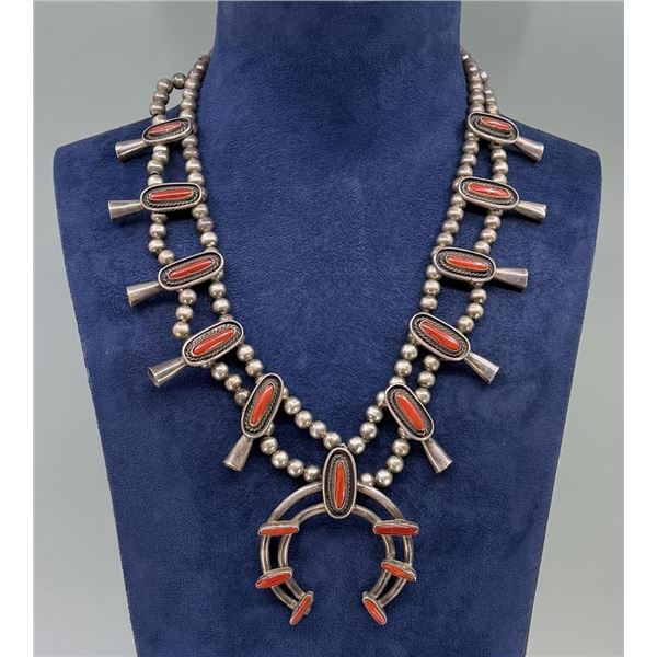 Navajo Sterling Coral Squash Blossom Necklace