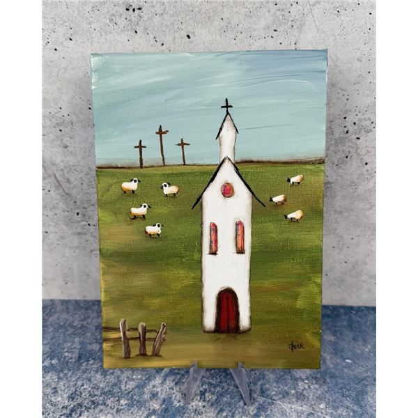 Folk Art Sheep at Church Painting