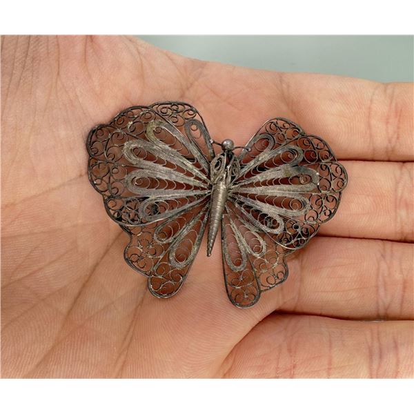 Coin Silver Filigree Butterfly Brooch