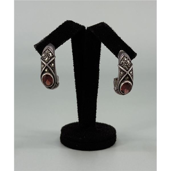 Sterling Silver Marcasite Garnet Earrings