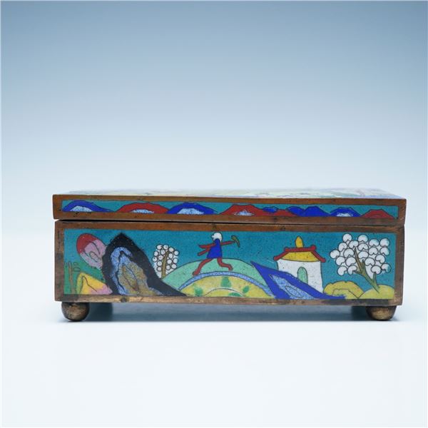 Chinese Cloisonne Enamel Box with Village Scene