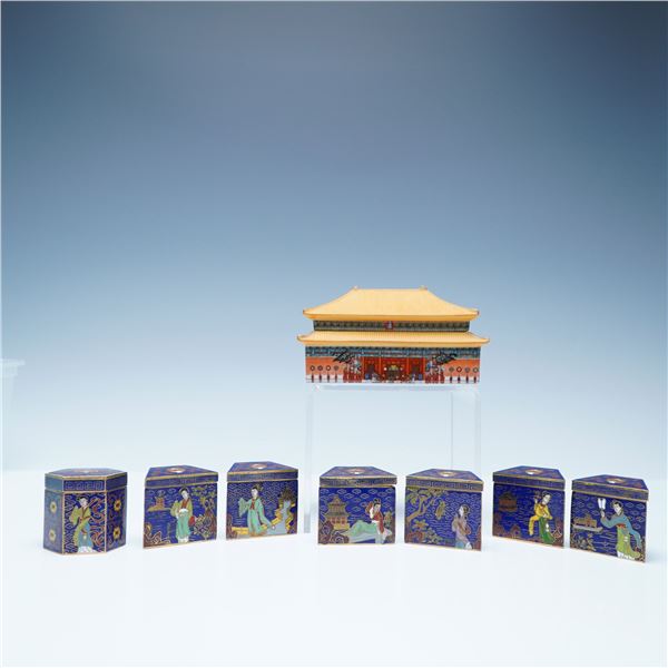 8pc The Palace Museum Mark Chinese Cloisonne and Porcelain Box Set