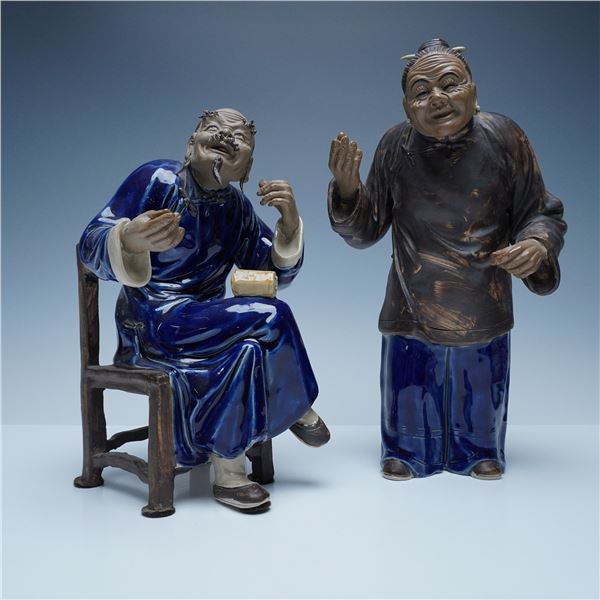 2pc Chinese Shiwan Mudmen Porcelain Figures, Signed Pair