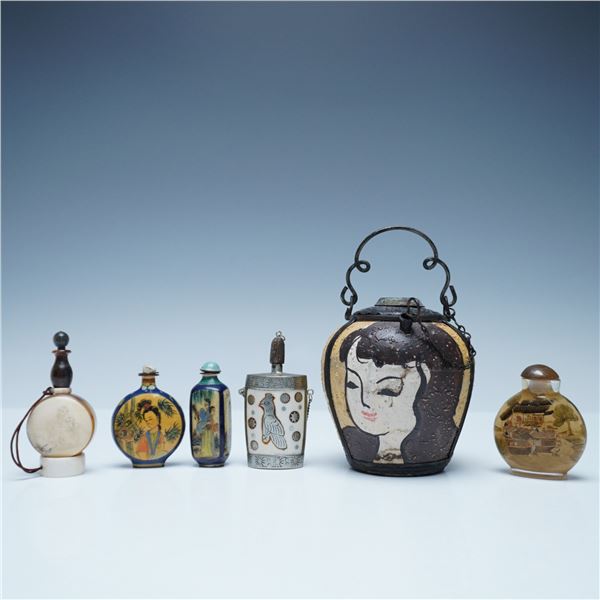 6pc Chinese Snuff Bottle and Painted Oil Lamp Collection