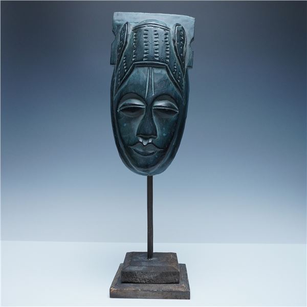 Indonesian Hand-Carved Wooden Mask on Stand