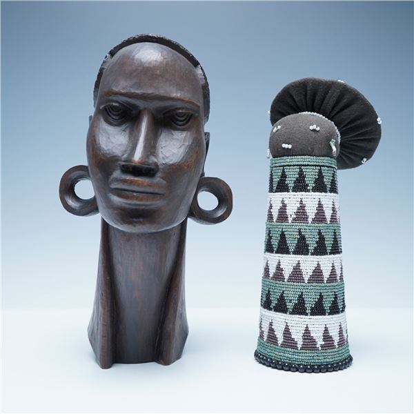 2pc African Carved Wood Bust and Zulu Matron Doll