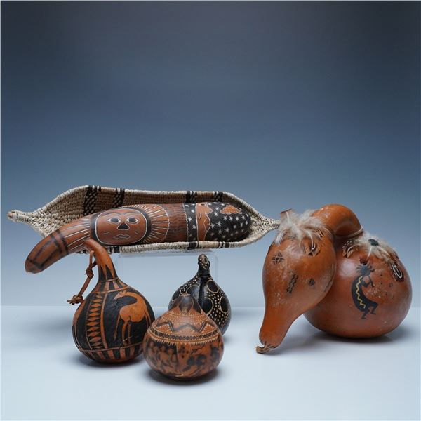 6pc Collection of Kenyan Shekere Gourds and Woven Basket