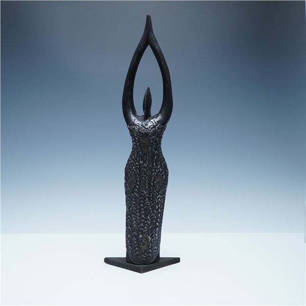 Ghanaian Handcrafted Wooden Sculpture with Hammered Metal Dress