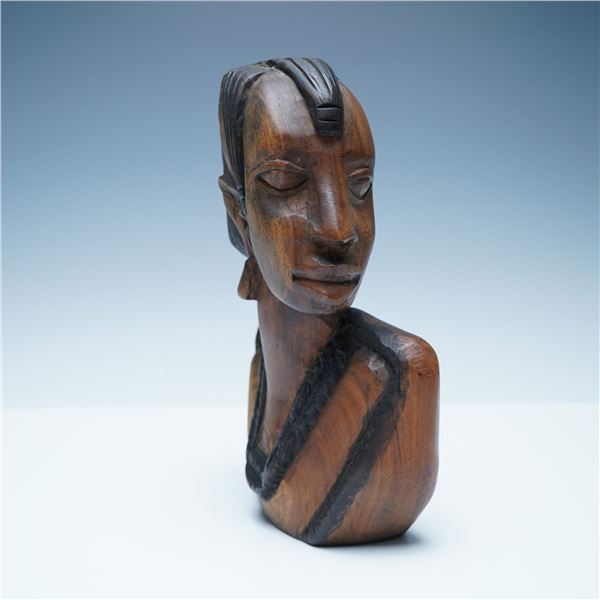 Tribal Hand-Carved Wooden Bust Sculpture