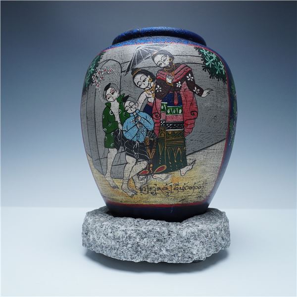 Hand-Painted Burmese Lacquerware Vessel with Stone Base