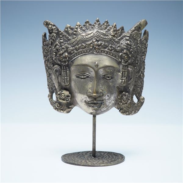 Antique Balinese Repousse Metal Mask on Stand