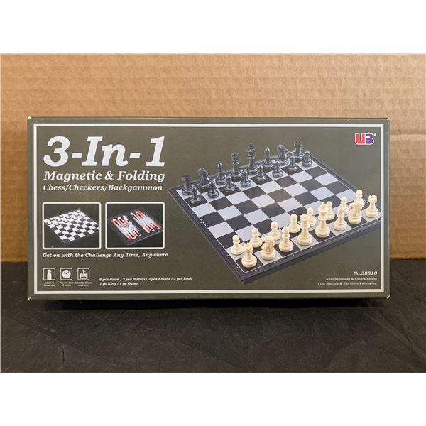 3-In-1 Magnetic & Folding Chess/Checkers/Backgammon Set